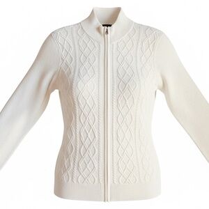 Talbots Cream Lambswool Blend Full Zip Sweater Jacket Size Large Ivory Ribbed